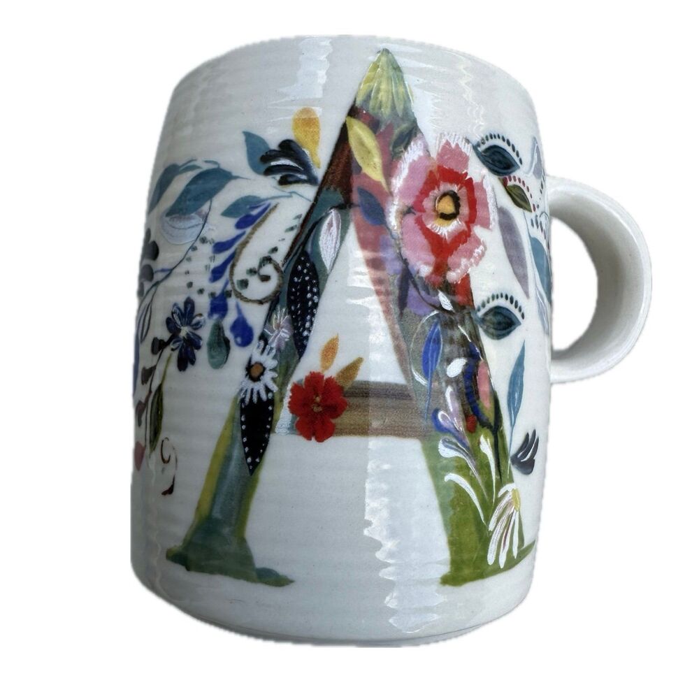 Anthropologie Starla M. Halfmann Monogram Floral Letter "A" Coffee Mug Cup